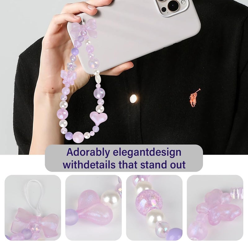 LUVI Beaded Phone Charm Lanyard Wrist Strap Love Heart Bow Beads Butterfly Chain Flower String Pearl Bling Bracelet Keychain Cute Fashion for Women - Image 4